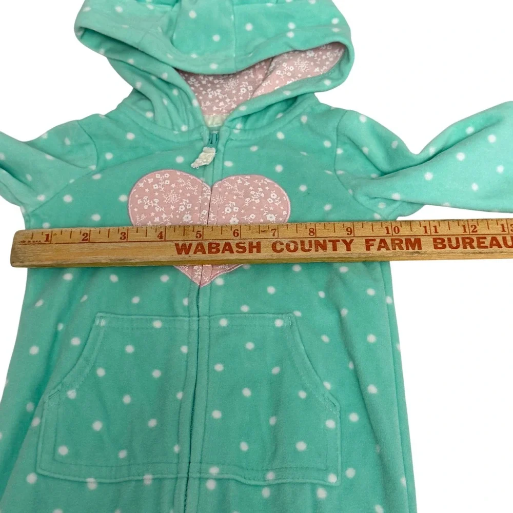 Carters Baby Girl 12M Mint Green Polka Dot Fleece Hooded Jumpsuit Heart